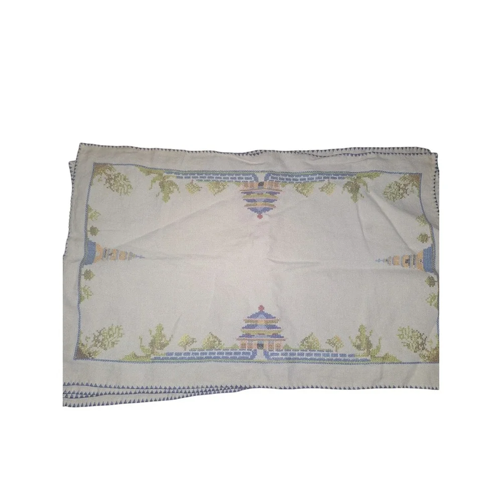 Vintage Pagoda Cross‎ Stitch Linen Tablecloth Oriental Chinoiserie White Blue